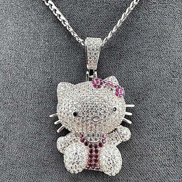 Silver Iced Out Hello Kitty Charm Pendant Necklace 3D Full Body - Picture 3 of 4